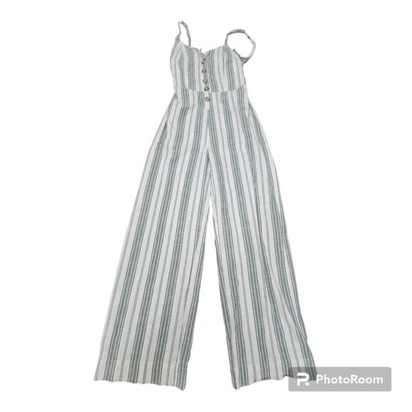 JAPNA Cotton Ivory Grey Jumpsuit  Wide Leg Open Back Striped Stretch Buttoned S - Picture 2 of 10